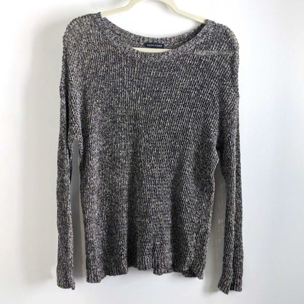𝅺Eileen Fisher Black Open Weave Sweater M Slouchy Langenlook Layers Sheer